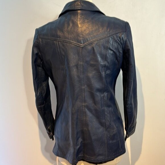 Vintage blue leather jacket snap closure shirt style fitted size S/M by Marquis - Picture 5 of 12